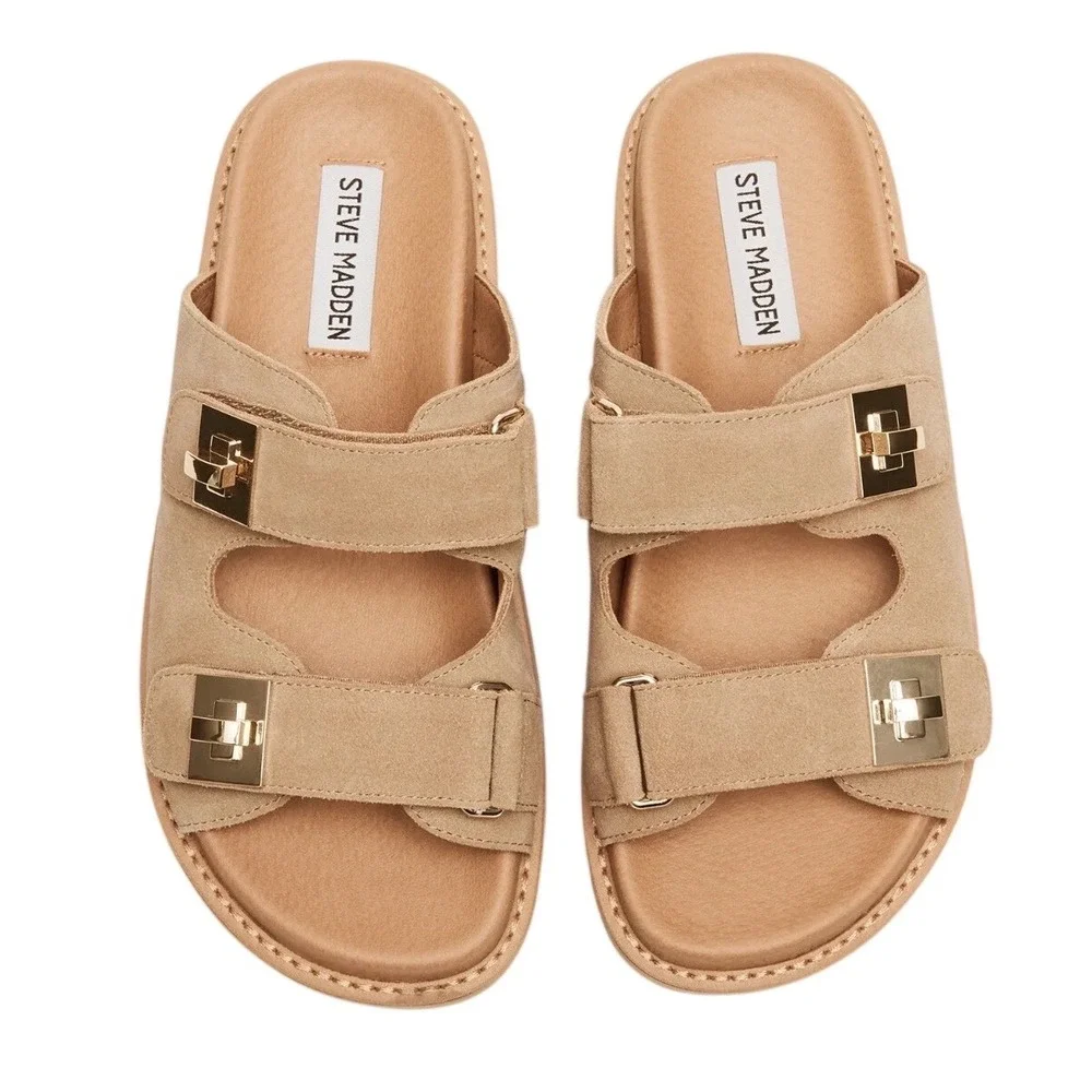 Steve Madden Bigschmona Taupe Suede Platform Slide Sandals Gold Hardware 8.5 - Picture 1 of 8